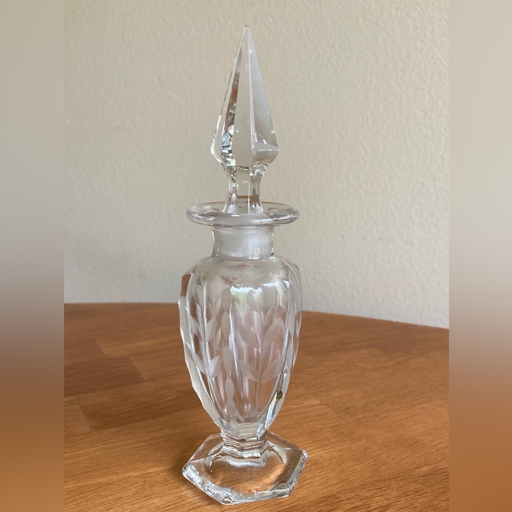 Etched glass perfume bottle with glass stopper